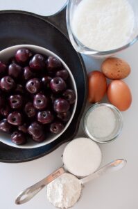 ingredients pre-set: cherries, eggs, sugar, cream, flour, more