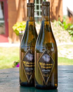 two wine bottles, amber bottles with black labels for Williamson Vineyards 2022 Albariño, on patio table